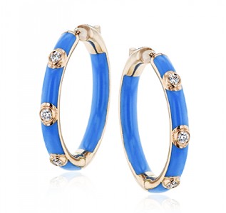 Blue enamel and rose gold hoop earrings with bezel set diamonds at intervals around the hoops by Simon G.