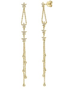 Star motif long drop yellow gold earrings