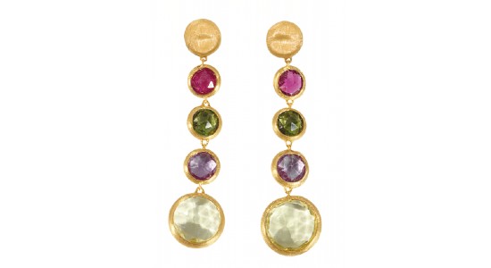 a pair of gold chandelier earrings featuring four different gemstones