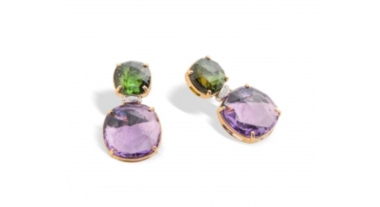 a pair of yellow gold earrings with green and purple gemstones