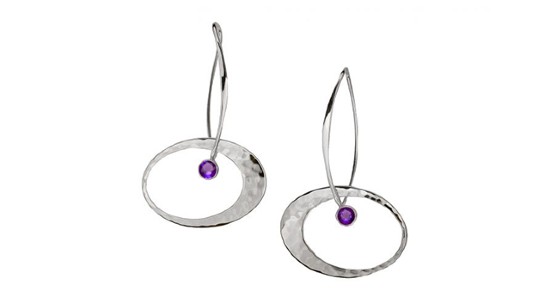 a pair of unique silver toned earrings with round cut amethysts