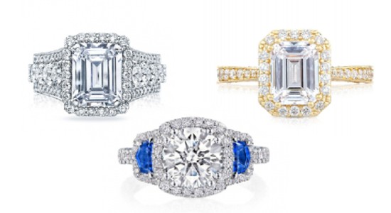 Three TACORI engagement rings with large center stones, available at Northeastern Fine Jewelry.