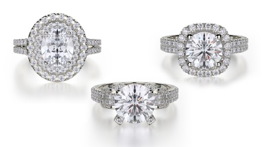 Three white gold Michael M engagement rings with large center stones, available at Northeastern Fine Jewelry.