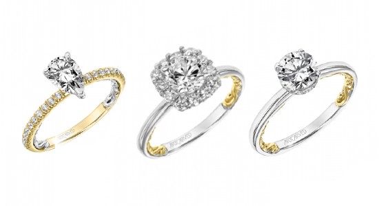 Three mixed metal engagement rings by ArtCarved, available at Northeastern Fine Jewelry.