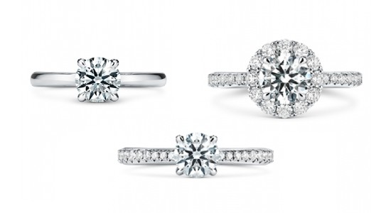 Three white gold and diamond engagement rings by Hearts On Fire, available at Northeastern Fine Jewelry.