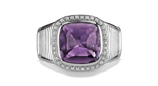 a sterling silver halo fashion ring featuring a large cushion cut amethyst