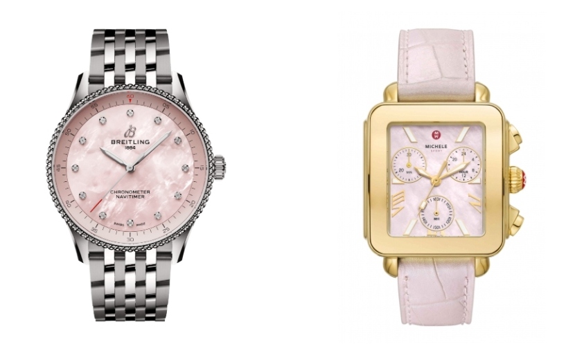 pink and silver Breitling Navitimer 32 timepiece and a pink and yellow gold Michele Deco Sport Chrono